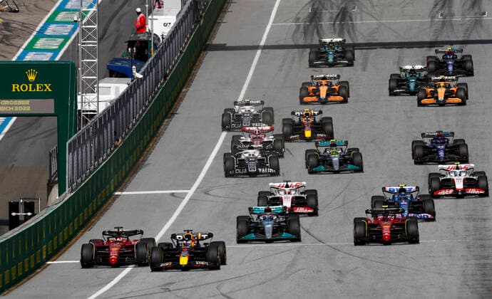 Start, Sprint Qualifying, 16 Charles Leclerc MCO, Scuderia Ferrari , 1 Max Verstappen NLD, Oracle Red Bull Racing , 63 George Russell GBR, Mercedes AMG Petronas F1 Team , 55 Carlos Sainz ESP, Scuderia Ferrari , F1 Grand Prix of Austria at Red Bull Ring on July 9, 2022 in Spielberg, Austria Photo by HOCH ZWEI Spielberg Austria