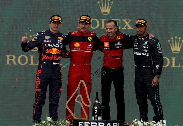 Formula 1 BWT Austrian Grand Prix 2022 10 07 2022, Red Bull Ring , Spielberg, Formula 1 BWT Austrian Grand Prix 2022 , in picture winner Charles Leclerc MCO , Scuderia Ferrari, 2 place for Max Verstappen NEL , Oracle Red Bull Racing, 3 place for Lewis Hamilton GBR , Mercedes AMG Petronas Formula One Team, Race Director Laurent Mekies Scuderia Ferrari Mission Winnow nordphotoxGmbHx xBratic nph00250