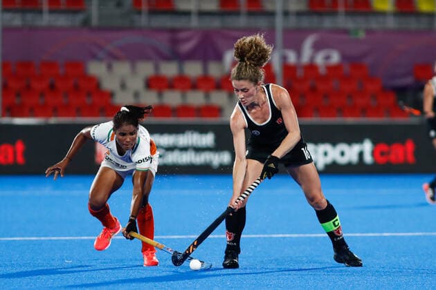 July 11, 2022, TERRASSA, BARCELONA, SPAIN: Katariya Vandana of India and Natalie Sourisseau of Canada in action during the FIH Hockey Women s World Cup 2022, 9th - 16th, hockey match played between Canada and India at Estadi Olimpic on July 11, 2022, in Terrassa, Barcelona, Spain. TERRASSA SPAIN - ZUMAa181 20220711_zaa_a181_079 Copyright: xIrinaxR.xHx