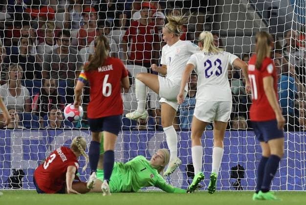 Brighton and Hove, England, 11th July 2022. Beth Mead of England scores to make it 8-0 during the UEFA Women s European Championship, EM, Europameisterschaft 2022 match at the AMEX Stadium, Brighton and Hove. Picture credit should read: Paul Terry Sportimage EDITORIAL USE ONLY. No use with unauthorised audio, video, data, fixture lists, club league logos or live services. Online in-match use limited to 120 images, no video emulation. No use in betting, games or single club league player publications. SPI-1744-0073