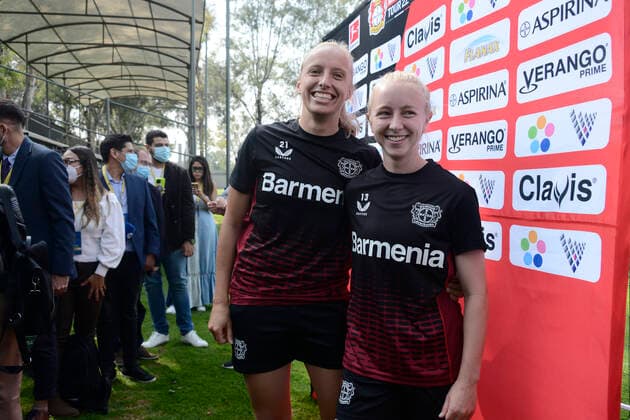 July 12, 2022, Mexico City, Mexico City, Mexico: July 12, 2022, Mexico City, Mexico: Women s Bayer Leverkusen players Caroline Siems and Irina Pando during a press conference, PK, Pressekonferenz to announce the match between America and Bayer Leverkusen as part of 100 years of Bayer in Mexico. on July 12, 2022 in Mexico City, Mexico. Mexico City Mexico - ZUMAe321 0162795481st Copyright: xCarlosxTischlerx xEyepixxGroupx
