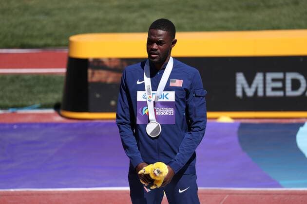 Mandatory Credit: Photo by Amanda Loman Shutterstock (13037095u) Silver medalist Rai Benjamin, of the United States, during the medal ceremony for the men s 400-meter hurdles 2022 World Athletics Championships, Day Six Hayward Field, Eugene, Oregon, USA - 20 Jul 2022 2022 World Athletics Championships, Day Six Hayward Field, Eugene, Oregon, USA - 20 Jul 2022 Copyright: xAmandaxLoman Shutterstockx 13037095u