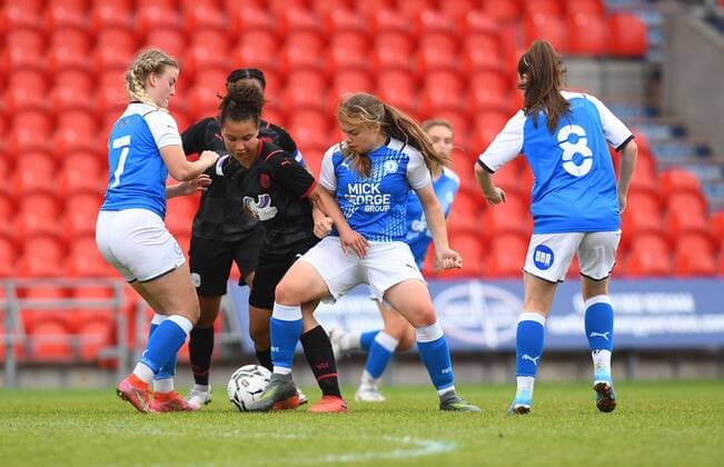 Mandatory Credit: Photo by Anna Gowthorpe Shutterstock (12936087f) West Bromwich Albion v Peterborough United action during the Womens EFL CEFA Final EFL CEFA Finals 2022, Football, Keepmoat Stadium, Doncaster, UK - 12 May 2022 EDITORIAL USE ONLY No use with unauthorised audio, video, data, fixture lists (outside the EU), club league logos or live services. Online in-match use limited to 45 images (+15 in extra time). No use to emulate moving images. No use in betting, games or single club league player publications services. EFL CEFA Finals 2022, Football, Keepmoat Stadium, Doncaster, UK - 12 May 2022 EDITORIAL USE ONLY No use with unauthorised audio, video, data, fixture lists (outside the EU), club league logos or live services. Online in-match use limited to 45 images (+15 in extra time). No use to emulate moving images. No use in betting, games or Copyright: xAnnaxGowthorpe Shutterstockx 12936087f