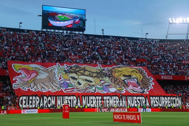 Mandatory Credit: Photo by Pressinphoto Shutterstock (12898374af) Sevilla FC fans Sevilla FC v Real Madrid, La Liga 2021-2022, date 32. Football, Sanchez Pizjuan Stadium, Sevilla, Spain - 17 Apr 2022 EDITORIAL USE ONLY No use with unauthorised audio, video, data, fixture lists (outside the EU), club league logos or live services. Online in-match use limited to 45 images (+15 in extra time). No use to emulate moving images. No use in betting, games or single club league player publications services. Sevilla FC v Real Madrid, La Liga 2021-2022, date 32. Football, Sanchez Pizjuan Stadium, Sevilla, Spain - 17 Apr 2022 EDITORIAL USE ONLY No use with unauthorised audio, video, data, fixture lists (outside the EU), club league logos or live services. Online in-match use limited to 45 images (+15 in extra time). No use to emulate moving images. No use in betting, games or Copyright: xPressinphoto Shutterstockx 12898374af