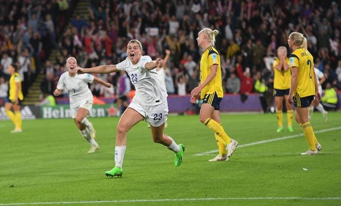 Mandatory Credit: Photo by Anna Gowthorpe Shutterstock (13048100dj) Alessia Russo of England celebrates scoring her side s third goal England v Sweden, Womens UEFA European Championship, EM, Europameisterschaft Semi Final, Football, Bramall Lane, Sheffield, UK - 26 Jul 2022 England v Sweden, Womens UEFA European Championship, Semi Final, Football, Bramall Lane, Sheffield, UK - 26 Jul 2022 Copyright: xAnnaxGowthorpe Shutterstockx 13048100dj
