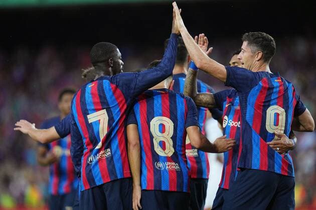 Mandatory Credit: Photo by Pressinphoto Shutterstock (13075250cy) Robert Lewandowski and Ousmane Dembele of FC Barcelona, Barca celebrating goal FC Barcelona v Pumas, Joan Gamper Trophy, Football, Spotify Camp Nou Stadium, Barcelona, Spain - 7 Aug 2022 EDITORIAL USE ONLY No use with unauthorised audio, video, data, fixture lists (outside the EU), club league logos or live services. Online in-match use limited to 45 images (+15 in extra time). No use to emulate moving images. No use in betting, games or single club league player publications services. FC Barcelona v Pumas, Joan Gamper Trophy, Football, Spotify Camp Nou Stadium, Barcelona, Spain - 7 Aug 2022 EDITORIAL USE ONLY No use with unauthorised audio, video, data, fixture lists (outside the EU), club league logos or live services. Online in-match use limited to 45 images (+15 in extra time). No use to emulate moving images. No use in betting, games or Copyright: xPressinphoto Shutterstockx 13075250cy