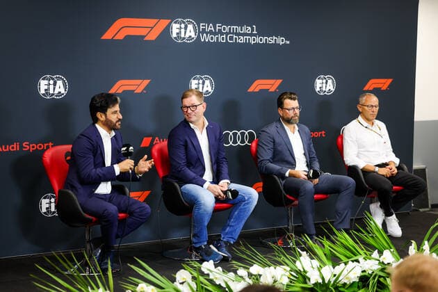 Audi press conference, PK, Pressekonferenz BEN SULAYEM Mohammed (uae), President of the FIA,DUESMANN Markus (ger), CEO of Audi, HOFFMAN Oliver (ger), Chief Technical Officer of Audi, DOMENICALI Stefano (ita), Chairman and CEO Formula One Group FOG, portrait during the Formula 1 Rolex Belgian Grand Prix 2022, 14th round of the 2022 FIA Formula One World Championship, WM, Weltmeisterschaft from August 26 to 28, 2022 on the Circuit de Spa-Francorchamps, in Francorchamps, Belgium - F1 - BELGIAN GRAND PRIX 2022 DPPI Panoramic 20220826_GOOD2988