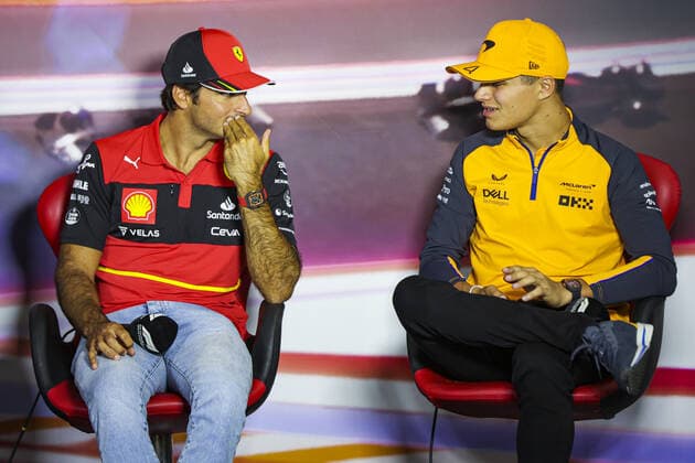 SAINZ Carlos (spa), Scuderia Ferrari F1-75, NORRIS Lando (gbr), McLaren F1 Team MCL36, portrait, press conference, PK, Pressekonferenz during the Formula 1 Heineken Dutch Grand Prix 2022, 15th round of the 2022 FIA Formula One World Championship, WM, Weltmeisterschaft from September 2 to 4, 2022 on the Zandvoort Circuit, in Netherlands, Belgium - F1 - DUTCH GRAND PRIX 2022 DPPI Panoramic 00122035_AV6_4416.JPG_