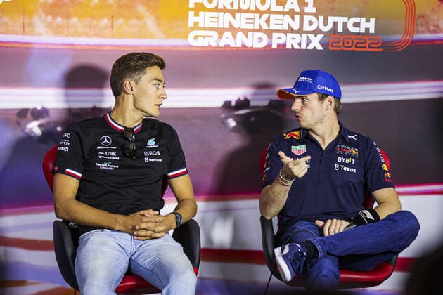RUSSELL George (gbr), Mercedes AMG F1 Team W13, VERSTAPPEN Max (ned), Red Bull Racing RB18, portrait, press conference, PK, Pressekonferenz during the Formula 1 Heineken Dutch Grand Prix 2022, 15th round of the 2022 FIA Formula One World Championship, WM, Weltmeisterschaft from September 2 to 4, 2022 on the Zandvoort Circuit, in Netherlands, Belgium - F1 - DUTCH GRAND PRIX 2022 DPPI Panoramic 00122035_AV6_4521.JPG_