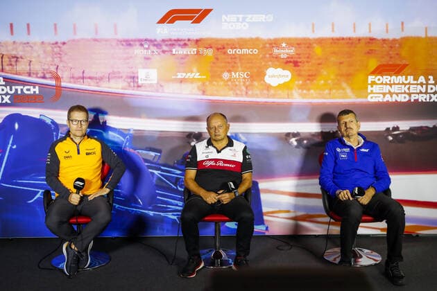 SEIDL Andreas, Team Principal of McLaren F1 Team, VASSEUR Frederic (fra), Team Principal of Alfa Romeo F1 Team ORLEN, STEINER Guenther (ita), Team Principal of Haas F1 team, portrait, team principal press conference, PK, Pressekonferenz during the Formula 1 Heineken Dutch Grand Prix 2022, 15th round of the 2022 FIA Formula One World Championship, WM, Weltmeisterschaft from September 2 to 4, 2022 on the Zandvoort Circuit, in Netherlands, Belgium - F1 - DUTCH GRAND PRIX 2022 DPPI Panoramic 00122035__V2_5842.JPG_