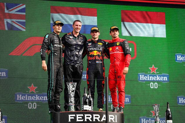 Podium: VERSTAPPEN Max (ned), Red Bull Racing RB18, RUSSELL George (gbr), Mercedes AMG F1 Team W13, LECLERC Charles (mco), Scuderia Ferrari F1-75, portrait during the Formula 1 Heineken Dutch Grand Prix 2022, 15th round of the 2022 FIA Formula One World Championship, WM, Weltmeisterschaft from September 2 to 4, 2022 on the Zandvoort Circuit, in Netherlands, Belgium - F1 - DUTCH GRAND PRIX 2022 - RACE DPPI Panoramic 20220904_G00D3903