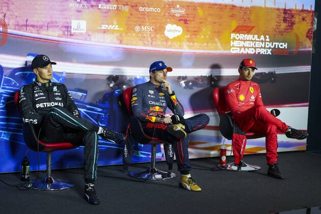 RUSSELL George (gbr), Mercedes AMG F1 Team W13, VERSTAPPEN Max (ned), Red Bull Racing RB18, LECLERC Charles (mco), Scuderia Ferrari F1-75, portrait, press conference, PK, Pressekonferenz during the Formula 1 Heineken Dutch Grand Prix 2022, 15th round of the 2022 FIA Formula One World Championship, WM, Weltmeisterschaft from September 2 to 4, 2022 on the Zandvoort Circuit, in Netherlands, Belgium - F1 - DUTCH GRAND PRIX 2022 - RACE DPPI Panoramic 00122036_G00D3936.JPG_