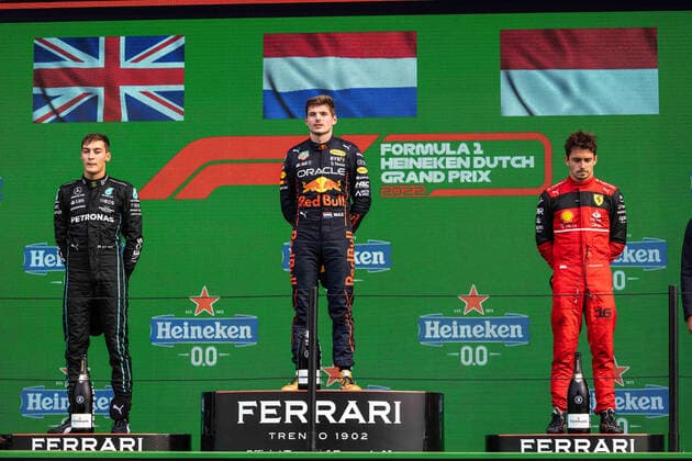 VERSTAPPEN Max (ned), Red Bull Racing RB18, portrait RUSSELL George (gbr), Mercedes AMG F1 Team W13, portrait LECLERC Charles (mco), Scuderia Ferrari F1-75, portrait at the podium during the Formula 1 Heineken Dutch Grand Prix 2022, 15th round of the 2022 FIA Formula One World Championship, WM, Weltmeisterschaft from September 2 to 4, 2022 on the Zandvoort Circuit, in Netherlands, Belgium - F1 - DUTCH GRAND PRIX 2022 DPPI Panoramic 00122036_GH_21830