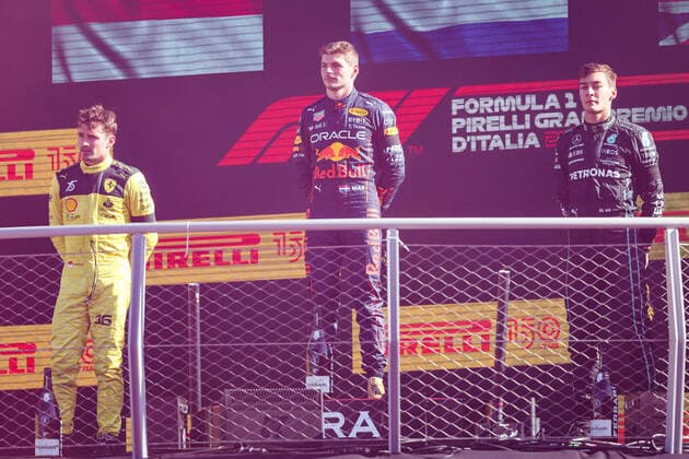 Podium: VERSTAPPEN Max (ned), Red Bull Racing RB18, LECLERC Charles (mco), Scuderia Ferrari F1-75, RUSSELL George (gbr), Mercedes AMG F1 Team W13, portrait during the 9th round of the 2022 FIA Formula 3 Championship, from September 9 to 11, 2022 on the Autodromo Nazionale di Monza, in Monza, Italy - AUTO - FORMULA 3 2022 - MONZA DPPI Panoramic 20220911_G00D1971