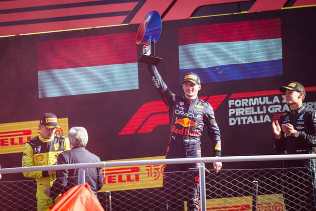 Podium: VERSTAPPEN Max (ned), Red Bull Racing RB18, LECLERC Charles (mco), Scuderia Ferrari F1-75, RUSSELL George (gbr), Mercedes AMG F1 Team W13, portrait during the 9th round of the 2022 FIA Formula 3 Championship, from September 9 to 11, 2022 on the Autodromo Nazionale di Monza, in Monza, Italy - AUTO - FORMULA 3 2022 - MONZA DPPI Panoramic 20220911_G00D2005