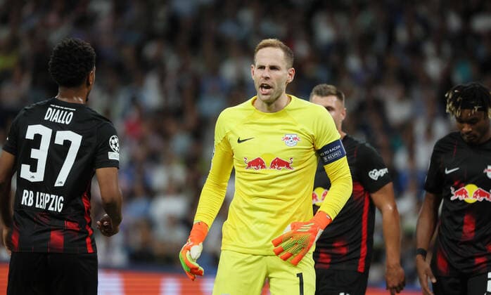 Real Madrid RB Leipzig 14 09 2022 Madrid, 14 09 2022, Estadio Santiago Bernabeu, Football , UEFA Champions League, Group F, Matchday 2 , Real Madrid vs RB Leipzig , In picture goalkeeper Peter Gulacsi 1, RB Leipzig , UEFA regulations prohibit any use of photographs as image sequences and or quasi video , Picture Point