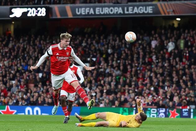 Mandatory Credit: Photo by Simon Dael Shutterstock (13442648o) Rob Holding of Arsenal scoring a goal (2-0) Arsenal v Bodo Glimt, UEFA Europa League, Group A, Football, Emirates Stadium, London, UK - 06 Oct 2022 EDITORIAL USE ONLY No use with unauthorised audio, video, data, fixture lists, club league logos or live services. Online in-match use limited to 120 images, no video emulation. No use in betting, games or single club league player publications. Arsenal v Bodo Glimt, UEFA Europa League, Group A, Football, Emirates Stadium, London, UK - 06 Oct 2022 EDITORIAL USE ONLY No use with unauthorised audio, video, data, fixture lists, club league logos or live services. Online in-match use limited to 120 images, no video emulation. No use in betting, games or single club league player publications. Copyright: xSimonxDael Shutterstockx 13442648o