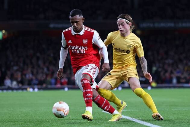 Mandatory Credit: Photo by Simon Dael Shutterstock (13442648ac) Marquinhos of Arsenal under pressure from Patrick Berg of Bodø Glimt Arsenal v Bodo Glimt, UEFA Europa League, Group A, Football, Emirates Stadium, London, UK - 06 Oct 2022 EDITORIAL USE ONLY No use with unauthorised audio, video, data, fixture lists, club league logos or live services. Online in-match use limited to 120 images, no video emulation. No use in betting, games or single club league player publications. Arsenal v Bodo Glimt, UEFA Europa League, Group A, Football, Emirates Stadium, London, UK - 06 Oct 2022 EDITORIAL USE ONLY No use with unauthorised audio, video, data, fixture lists, club league logos or live services. Online in-match use limited to 120 images, no video emulation. No use in betting, games or single club league player publications. Copyright: xSimonxDael Shutterstockx 13442648ac