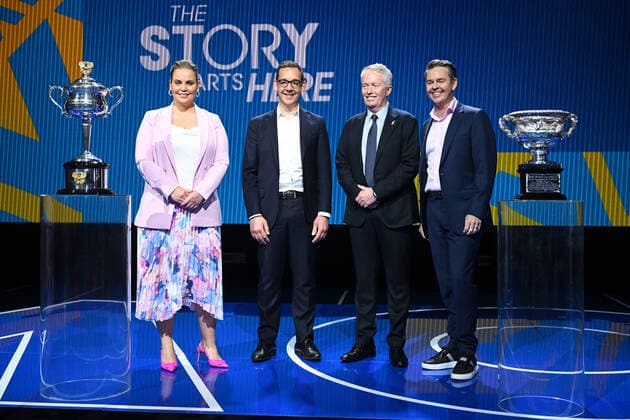 AUSTRALIAN OPEN TENNIS LAUNCH, (L-R) Jelena Dokic, Steve Dimopoulos, the Victorian Minister for Tourism, and Major Events, Craig Tiley, CEO of Tennis Australia, and Todd Woodbridge pose for a photograph during the launch of the 2023 Australian Open tennis tournament at Melbourne Park in Melbourne, Wednesday, October 12, 2022. ( NO ARCHIVING, EDITORIAL USE ONLY, NO USE IN BOOKS WITHOUT CONSENT MELBOURNE VIC AUSTRALIA Copyright: xJAMESxROSSx 20221012001715824798
