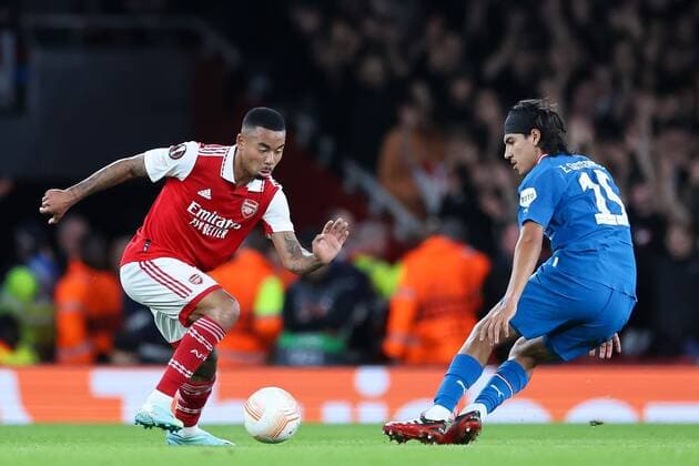 Mandatory Credit: Photo by Simon Dael Shutterstock (13480677s) Gabriel Jesus of Arsenal turns Érick Gutiérrez of PSV Eindhoven Arsenal v PSV Eindhoven, UEFA Europa League, Group A, Football, Emirates Stadium, London, UK - 20 Oct 2022 EDITORIAL USE ONLY No use with unauthorised audio, video, data, fixture lists, club league logos or live services. Online in-match use limited to 120 images, no video emulation. No use in betting, games or single club league player publications. Arsenal v PSV Eindhoven, UEFA Europa League, Group A, Football, Emirates Stadium, London, UK - 20 Oct 2022 EDITORIAL USE ONLY No use with unauthorised audio, video, data, fixture lists, club league logos or live services. Online in-match use limited to 120 images, no video emulation. No use in betting, games or single club league player publications. Copyright: xSimonxDael Shutterstockx 13480677s