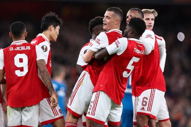 Mandatory Credit: Photo by Simon Dael Shutterstock (13480677u) Granit Xhaka of Arsenal celebrates after scoring a goal (1-0) Arsenal v PSV Eindhoven, UEFA Europa League, Group A, Football, Emirates Stadium, London, UK - 20 Oct 2022 EDITORIAL USE ONLY No use with unauthorised audio, video, data, fixture lists, club league logos or live services. Online in-match use limited to 120 images, no video emulation. No use in betting, games or single club league player publications. Arsenal v PSV Eindhoven, UEFA Europa League, Group A, Football, Emirates Stadium, London, UK - 20 Oct 2022 EDITORIAL USE ONLY No use with unauthorised audio, video, data, fixture lists, club league logos or live services. Online in-match use limited to 120 images, no video emulation. No use in betting, games or single club league player publications. Copyright: xSimonxDael Shutterstockx 13480677u