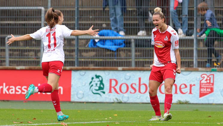 f li Alena Bienz 1 FC Köln, 11 and goal scorer Jana Beuschlein 1 FC Köln, 23 with goal cheer, jubilation, cheering, optimistic, game scene, highlight, joy about the goal to 1 0, THE DFB DIRECTIVES PROHIBIT ANY USE OF PHOTOGRAPHS AS IMAGE SEQUENCES AND OR QUASI VIDEO , 23 10 2022, Cologne Germany , Football, Flyeralarm Womens Bundesliga, 1 FC Cologne SV Werder Bremen xobx