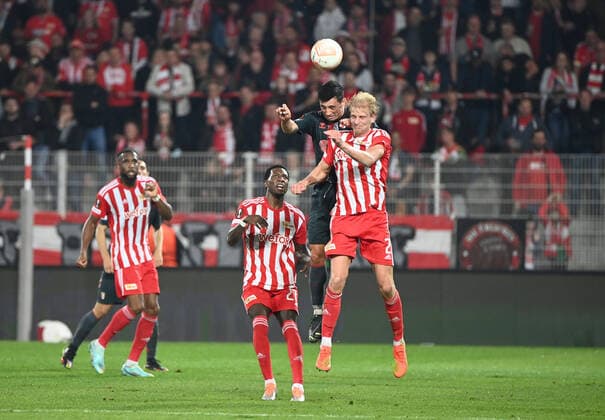 Football, Men, Season 2022 2023, Europa League Group D, Matchday 5 1 FC Union Berlin SC Sporting Braga, f l Jordan Siebatcheu 1 FC Union Berlin , Sheraldo Becker 1 FC Union , Andre Castro SC Sporting Braga , Morten Thorsby 1 FC Union Berlin , 27 10 2022, Copyright: xMatthiasxKochx