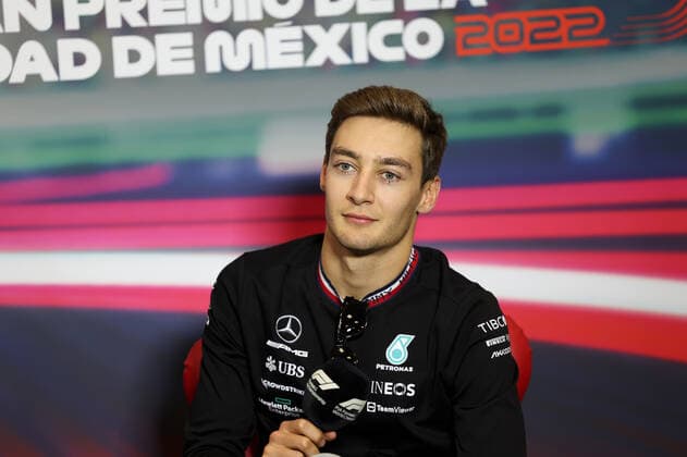 RUSSELL George (gbr), Mercedes AMG F1 Team W13, portrait press conference, PK, Pressekonferenz during the Formula 1 Grand Premio de la Ciudad de Mexico 2022, Mexican Grand Prix 2022, 20th round of the 2022 FIA Formula One World Championship, WM, Weltmeisterschaft from October 28 to 30, 2022 on the Autodromo Hermanos Rodriguez, in Mexico City, Mexico - F1 - MEXICO CITY GRAND PRIX 2022 DPPI Panoramic G00D8637