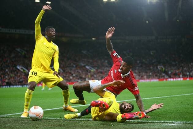 Mandatory Credit: Photo by Phil Oldham Shutterstock (13491515at) Marcus Rashford of Manchester United, ManU and Renan Guedes of Sheriff Manchester United v Sheriff Tiraspol, UEFA Europa League, Group E, Football, Old Trafford, Manchester, UK - 27 Oct 2022 EDITORIAL USE ONLY No use with unauthorised audio, video, data, fixture lists, club league logos or live services. Online in-match use limited to 120 images, no video emulation. No use in betting, games or single club league player publications. Manchester United v Sheriff Tiraspol, UEFA Europa League, Group E, Football, Old Trafford, Manchester, UK - 27 Oct 2022 EDITORIAL USE ONLY No use with unauthorised audio, video, data, fixture lists, club league logos or live services. Online in-match use limited to 120 images, no video emulation. No use in betting, games or single club league player publications. Copyright: xPhilxOldham Shutterstockx 13491515at