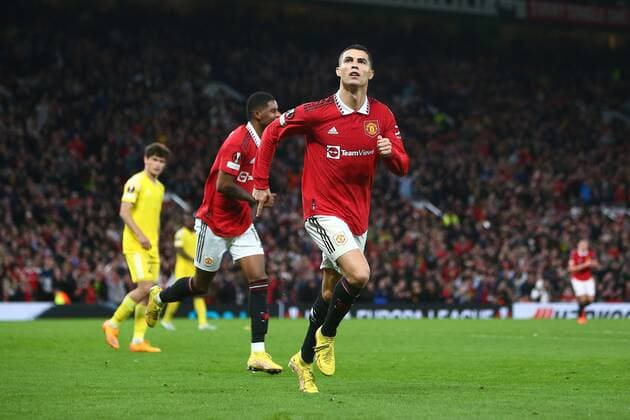 Mandatory Credit: Photo by Phil Oldham Shutterstock (13491515az) Cristiano Ronaldo of Manchester United, ManU celebrates scoring his sides third goal Manchester United v Sheriff Tiraspol, UEFA Europa League, Group E, Football, Old Trafford, Manchester, UK - 27 Oct 2022 EDITORIAL USE ONLY No use with unauthorised audio, video, data, fixture lists, club league logos or live services. Online in-match use limited to 120 images, no video emulation. No use in betting, games or single club league player publications. Manchester United v Sheriff Tiraspol, UEFA Europa League, Group E, Football, Old Trafford, Manchester, UK - 27 Oct 2022 EDITORIAL USE ONLY No use with unauthorised audio, video, data, fixture lists, club league logos or live services. Online in-match use limited to 120 images, no video emulation. No use in betting, games or single club league player publications. Copyright: xPhilxOldham Shutterstockx 13491515az