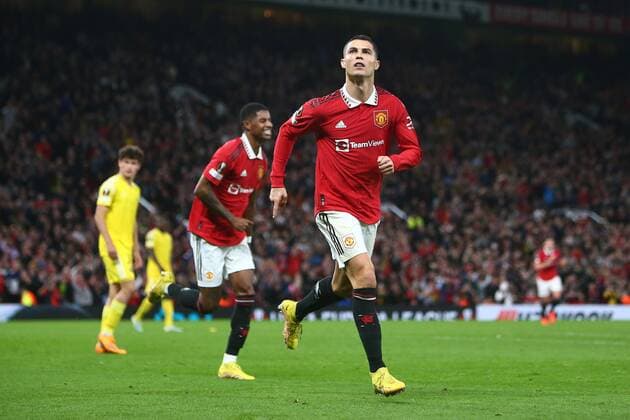 Mandatory Credit: Photo by Phil Oldham Shutterstock (13491515ba) Cristiano Ronaldo of Manchester United, ManU celebrates scoring his sides third goal Manchester United v Sheriff Tiraspol, UEFA Europa League, Group E, Football, Old Trafford, Manchester, UK - 27 Oct 2022 EDITORIAL USE ONLY No use with unauthorised audio, video, data, fixture lists, club league logos or live services. Online in-match use limited to 120 images, no video emulation. No use in betting, games or single club league player publications. Manchester United v Sheriff Tiraspol, UEFA Europa League, Group E, Football, Old Trafford, Manchester, UK - 27 Oct 2022 EDITORIAL USE ONLY No use with unauthorised audio, video, data, fixture lists, club league logos or live services. Online in-match use limited to 120 images, no video emulation. No use in betting, games or single club league player publications. Copyright: xPhilxOldham Shutterstockx 13491515ba