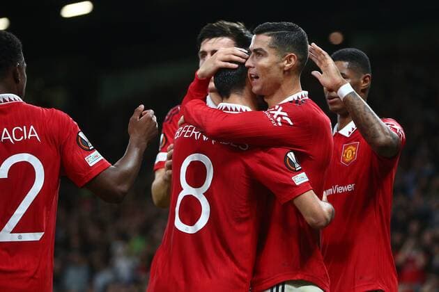 Mandatory Credit: Photo by Phil Oldham Shutterstock (13491515bl) Cristiano Ronaldo of Manchester United, ManU celebrates scoring his sides third goal Manchester United v Sheriff Tiraspol, UEFA Europa League, Group E, Football, Old Trafford, Manchester, UK - 27 Oct 2022 EDITORIAL USE ONLY No use with unauthorised audio, video, data, fixture lists, club league logos or live services. Online in-match use limited to 120 images, no video emulation. No use in betting, games or single club league player publications. Manchester United v Sheriff Tiraspol, UEFA Europa League, Group E, Football, Old Trafford, Manchester, UK - 27 Oct 2022 EDITORIAL USE ONLY No use with unauthorised audio, video, data, fixture lists, club league logos or live services. Online in-match use limited to 120 images, no video emulation. No use in betting, games or single club league player publications. Copyright: xPhilxOldham Shutterstockx 13491515bl