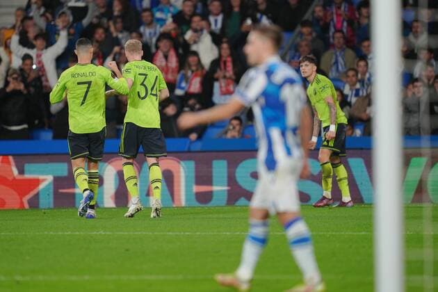 Mandatory Credit: Photo by Bagu Blanco Pressinphoto Shutterstock (13607020ah) Garnacho of Manchester United, ManU celebrates his goal with his teammates Real Sociedad v Manchester United, UEFA Europa League, Group C, date 4. Football, Reale Arena Stadium, San Sebastian, Spain - 3 Nov 2022 Editorial use only Real Sociedad v Manchester United, UEFA Europa League, Group C, date 4. Football, Reale Arena Stadium, San Sebastian, Spain - 3 Nov 2022 Editorial use only Copyright: xBaguxBlanco Pressinphoto Shutterstockx 13607020ah
