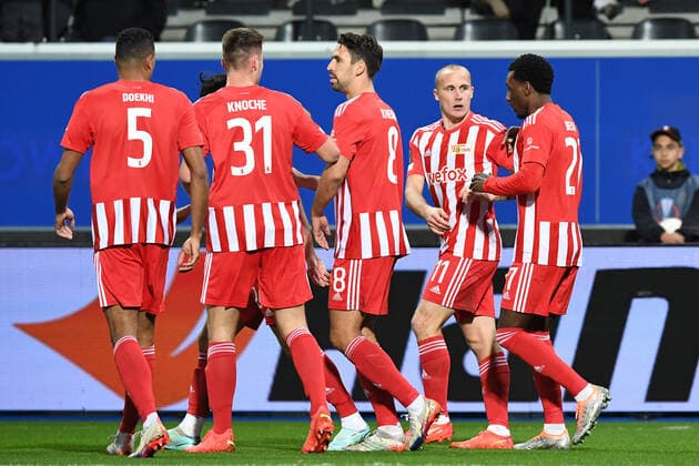 Football, men, season 2022 2023, Europa League group stage, group D, matchday 6 , Royale Union Saint Gilloise 1 FC Union Berlin, v l Danilho Doekhi 1 FC Union Berlin, 5 , Robin Knoche 1 FC Union Berlin, 31 , Rani Khedira 1 FC Union Berlin, 8 , Sven Michel 1 FC Union Berlin, 11 and Sheraldo Becker 1 FC Union Berlin, 27 goal celebration, cheering after scoring 0 1, 03 11 2022, Copyright: xSebastianxRäppold MatthiasxKochx