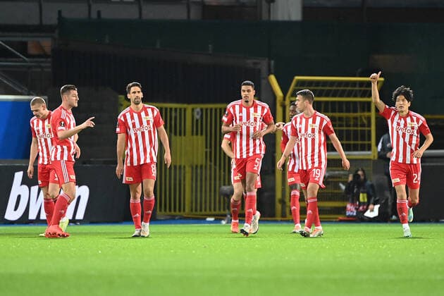 Football, men, season 2022 2023, Europa League group stage, group D, matchday 6 , Royale Union Saint Gilloise 1 FC Union Berlin, v l Julian Ryerson 1 FC Union Berlin, 6 , Robin Knoche 1 FC Union Berlin, 31 , Rani Khedira 1 FC Union Berlin, 8 , Danilho Doekhi 1 FC Union Berlin, 5 , Sheraldo Becker 1 FC Union Berlin, 27 , Janik Haberer 1 FC Union Berlin, 19 and Genki Haraguchi 1 FC Union Berlin, 24 goal celebration, cheering after the goal to 0 1 by Sven Michel 1 FC Union Berlin, 11 , 03 11 2022, Copyright: xMatthiasxKochx