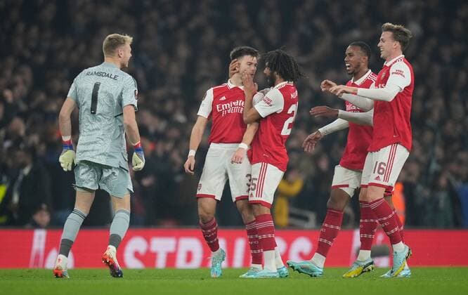 Mandatory Credit: Photo by Dave Shopland Shutterstock (13602543s) Kieran Tierney of Arsenal celebrates scoring opening goal 1-0 Arsenal v FC Zurich, UEFA Europa League, Group A, Football, Emirates Stadium, London, UK - 03 Nov 2022 EDITORIAL USE ONLY No use with unauthorised audio, video, data, fixture lists, club league logos or live services. Online in-match use limited to 120 images, no video emulation. No use in betting, games or single club league player publications. Arsenal v FC Zurich, UEFA Europa League, Group A, Football, Emirates Stadium, London, UK - 03 Nov 2022 EDITORIAL USE ONLY No use with unauthorised audio, video, data, fixture lists, club league logos or live services. Online in-match use limited to 120 images, no video emulation. No use in betting, games or single club league player publications. Copyright: xDavexShopland Shutterstockx 13602543s