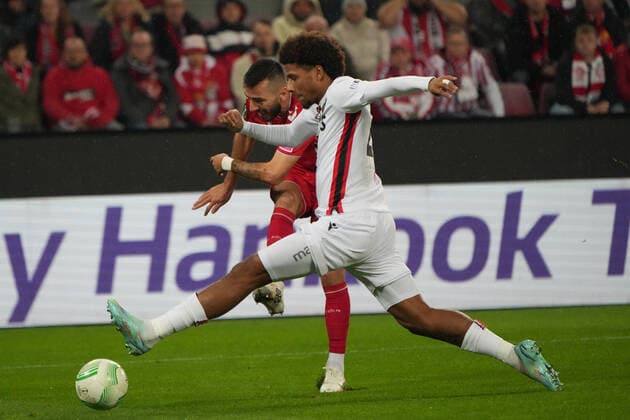 GER, Europa Conference League, Group Stage, Matchday 6, 1 FC Koeln GER vs OGC Nice FRA 03 11 2022, Rheinenergie Stadion, Koeln, GER, Europa Conference League, Group Stage, Matchday 6, 1 FC Koeln GER vs OGC Nice FRA , pictured Jean Clair Todibo Nice 25 , one-on-one with Sargis Adamyan FC Koeln 23 , nordphotoxGmBHx xMeuter nph00351