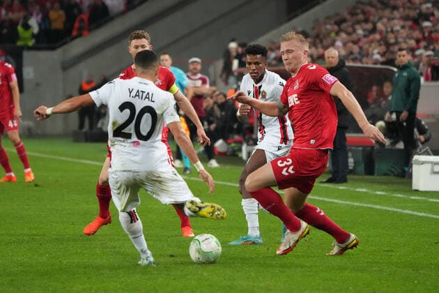 GER, Europa Conference League, group stage, matchday 6, 1 FC Koeln GER vs OGC Nice FRA 03 11 2022, Rheinenergie Stadion, Koeln, GER, Europa Conference League, group stage, matchday 6, 1 FC Koeln GER vs OGC Nice FRA , in picture Kristian Pedersen FC Koeln 3 , in duel against Youcef Atal Nice 20 , nordphotoxGmBHx xMeuter nph00351