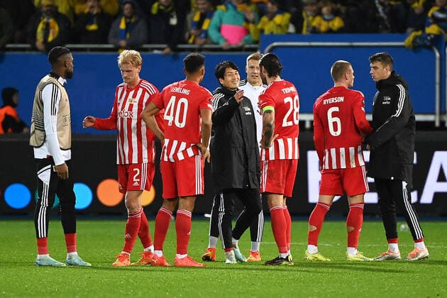 Football, Men, 2022 2023 season, Europa League group stage, Group D, Matchday 6 , Royale Union Saint Gilloise 1 FC Union Berlin, v l Jordan Siebatcheu 1 FC Union Berlin, 45 , Morten Thorsby 1 FC Union Berlin, 2 , Jamie Leweling 1 FC Union Berlin, 40 , Genki Haraguchi 1 FC Union Berlin, 24 , Christopher Trimmel 1 FC Union Berlin, 28 , Julian Ryerson 1 FC Union Berlin, 6 and Janik Haberer 1 FC Union Berlin, 19 final cheer, cheer after 0 1 victory, 03 11 2022, Copyright: xMatthiasxKochx