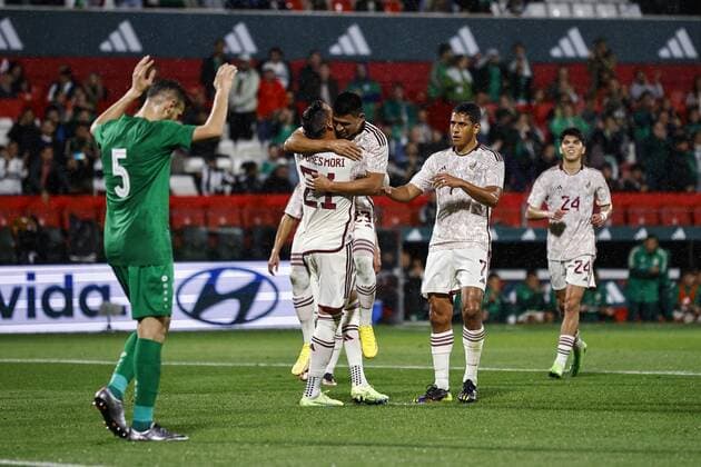 RECORD DATE NOT STATED Seleccion Mexicana 2022 Mexico 4-0 Irak Rogelio Funes Mori and Jesus Gallardo of Mexico during the game Mexico (Mexican national team, Nationalteam vs Iraq, friendly match of preparation prior to the start of the FIFA World Cup, WM, Weltmeisterschaft, Fussball Qatar 2022, at Montilivi Municipal Stadium, on November 9, 2022. <br><br> Rogelio Funes Mori y Jesus Gallardo de Mexico d durante el partido Mexico (Seleccion Nacional Mexicana) vs Irak,amistoso de preparacion previo al inicio de la Copa Mundial de la FIFA Qatar 2022, en el Estadio Municipal de Montilivi, el 9 de noviembre de 2022. GIRONA ESPANA ESPANA Copyright: xXavixBonillax 20221109183525_SM_MEX_IRA_FUNESMORI53