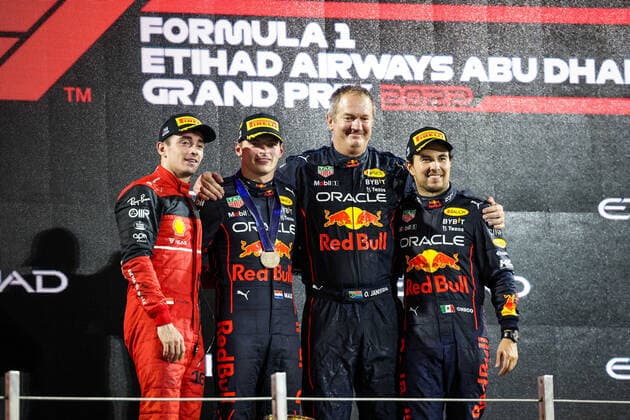 Podium: VERSTAPPEN Max (ned), Red Bull Racing RB18, LECLERC Charles (mco), Scuderia Ferrari F1-75, PEREZ Sergio (mex), Red Bull Racing RB18, portrait during the Formula 1 Etihad Airways Abu Dhabi Grand Prix 2022, 22nd round of the 2022 FIA Formula One World Championship, WM, Weltmeisterschaft from November 18 to 20, 2022 on the Yas Marina Circuit, in Yas Island, Abu Dhabi - F1 - ABU DHABI GRAND PRIX 2022 - RACE DPPI Panoramic 20221120_GOOD0823