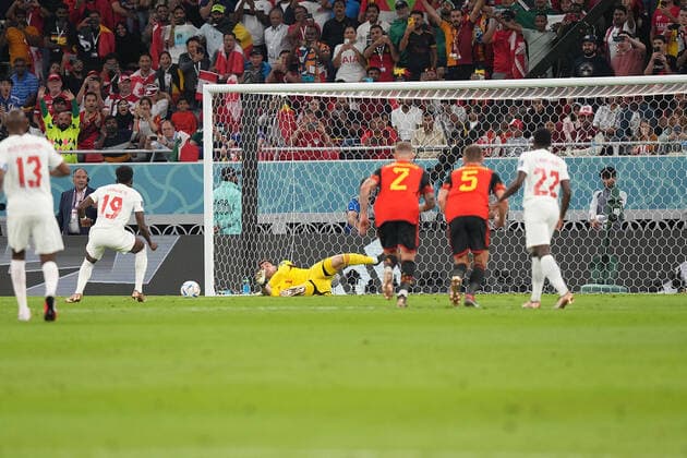 QAT, World Cup FIFA 2022, Group F, Belgium vs Canada 23 11 2022, Khalifa International Stadium, Doha, QAT, World Cup FIFA 2022, Group F, Belgium vs Canada, in picture Belgium s goalkeeper Thibaut Courtois keeps the penalty kick of Canada s forward Alphonso Davies nordphotoxGmbHx xBratic nph00250