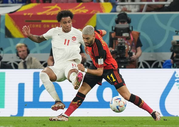 QAT, World Cup FIFA 2022, Group F, Belgium vs Canada 23 11 2022, Khalifa International Stadium, Doha, QAT, World Cup FIFA 2022, Group F, Belgium vs Canada, in picture Canada s forward Tajon Buchanan , Belgium s midfielder Yannick Carrasco nordphotoxGmbHx xBratic nph00250
