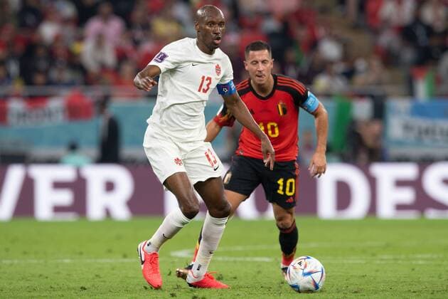 RECORD DATE NOT STATED FIFA World Cup, WM, Weltmeisterschaft, Fussball Qatar 2022 Belgium 1-0 Canada (L-R), Atiba Hutchinson of Canada and Eden Hazard of Belgium during the game Belgium vs Canada, Corresponding to Group F of the FIFA World Cup Qatar 2022, at Ahmad bin Ali Stadium, Al-Rayyan, November 23, 2022. <br><br> (I-D), Atiba Hutchinson de Canada y Eden Hazard de Belgica durante el partido Belgica vs Canada, correspondiente al Grupo F de la Copa Mundial de la FIFA Qatar 2022, en el Estadio Ahmad bin Ali, Al-Rayyan, 23 de noviembre de 2022. AL RAYYAN DOHA QATAR Copyright: xDavidxLeahx 20221123_8599