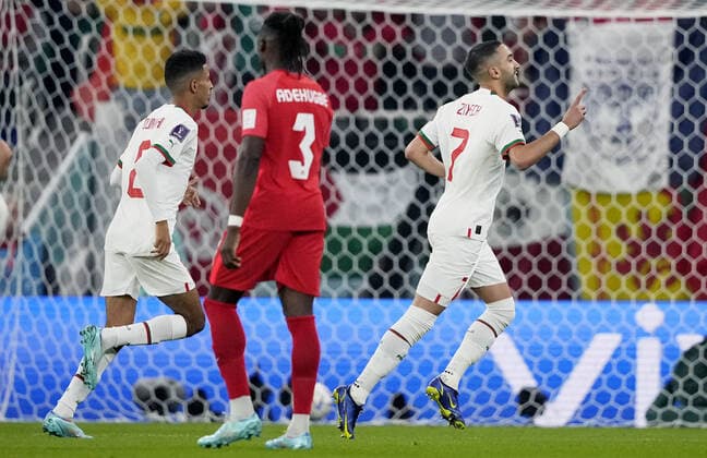 Mandatory Credit: Photo by Dave Shopland Shutterstock (13640369ab) Hakim Ziyech of Morocco celebrates scoring the opening goal. Canada v Morocco, FIFA World Cup, WM, Weltmeisterschaft, Fussball 2022, Group F, Football, Al Thumama Stadium, Doha, Qatar - 01 Dec 2022 Editorial Use Only Canada v Morocco, FIFA World Cup 2022, Group F, Football, Al Thumama Stadium, Doha, Qatar - 01 Dec 2022 Editorial Use Only Copyright: xDavexShopland Shutterstockx 13640369ab