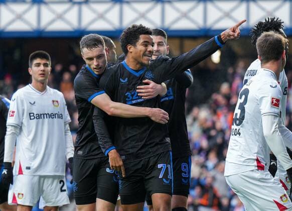 Mandatory Credit: Photo by Stuart Wallace BPI Shutterstock (13660082p) Malik Tillman of Rangers celebrates scoring to give Rangers a 2-0 lead with team mate Leon King. Rangers v Bayer 04 Leverkusen, mid-season friendly match, Ibrox Stadium, Glasgow, Scotland UK - 10 Dec 2022 EDITORIAL USE ONLY No use with unauthorised audio, video, data, fixture lists (outside the EU), club league logos or live services. Online in-match use limited to 45 images (+15 in extra time). No use to emulate moving images. No use in betting, games or single club league player publications services. Rangers v Bayer 04 Leverkusen, mid-season friendly match, Ibrox Stadium, Glasgow, Scotland UK - 10 Dec 2022 EDITORIAL USE ONLY No use with unauthorised audio, video, data, fixture lists (outside the EU), club league logos or live services. Online in-match use limited to 45 images (+15 in extra time). No use to emulate moving images. No use in betting, games or Copyright: xStuartxWallace BPI Shutterstockx 13660082p