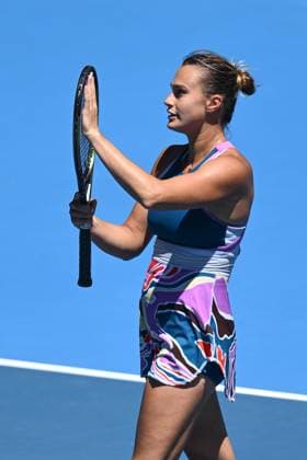 Mandatory Credit: Photo by James Gourley Shutterstock (13716760fq) Aryna Sabalenka celebrates victory after winning her first round match Australian Open, Day Two, Tennis, Melbourne Park, Melbourne, Australia - 17 Jan 2023 Australian Open, Day Two, Tennis, Melbourne Park, Melbourne, Australia - 17 Jan 2023 Copyright: xJamesxGourley Shutterstockx 13716760fq