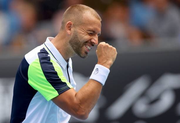 Mandatory Credit: Photo by Ella Ling Shutterstock (13716767i) Dan Evans of GBR celebrates Australian Open, Day Four, Tennis, Melbourne Park, Melbourne, Australia - 19 Jan 2023 Australian Open, Day Four, Tennis, Melbourne Park, Melbourne, Australia - 19 Jan 2023 Copyright: xEllaxLing Shutterstockx 13716767i