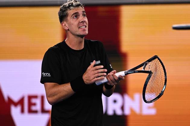 Mandatory Credit: Photo by James Gouley Shutterstock (13716770iv) Thanasi Kokkinakis talks with the umpire during his second round match Australian Open, Day Four, Tennis, Melbourne Park, Melbourne, Australia - 19 Jan 2023 Australian Open, Day Four, Tennis, Melbourne Park, Melbourne, Australia - 19 Jan 2023 Copyright: xJamesxGouley Shutterstockx 13716770iv
