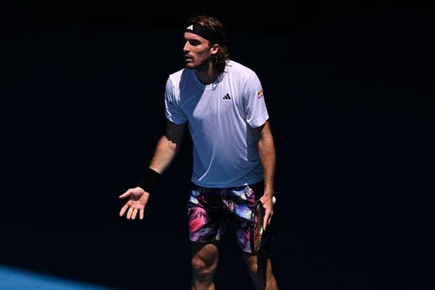 Mandatory Credit: Photo by James Gourley Shutterstock (13716911ae) Stefanos Tsitsipas reacts during his third round match Australian Open, Day Five, Tennis, Melbourne Park, Melbourne, Australia - 20 Jan 2023 Australian Open, Day Five, Tennis, Melbourne Park, Melbourne, Australia - 20 Jan 2023 Copyright: xJamesxGourley Shutterstockx 13716911ae